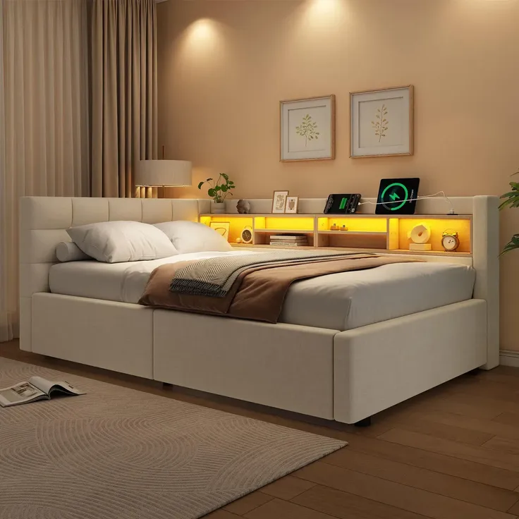 Polsterbett mit LED-Streifen, Lattenrost, Regal, Aufbewahrung, Type-C und USB, gepolsterter Kopfteil, 90x200 cm, Schlafsofa, Tagesbett, Leinen – Bild 3