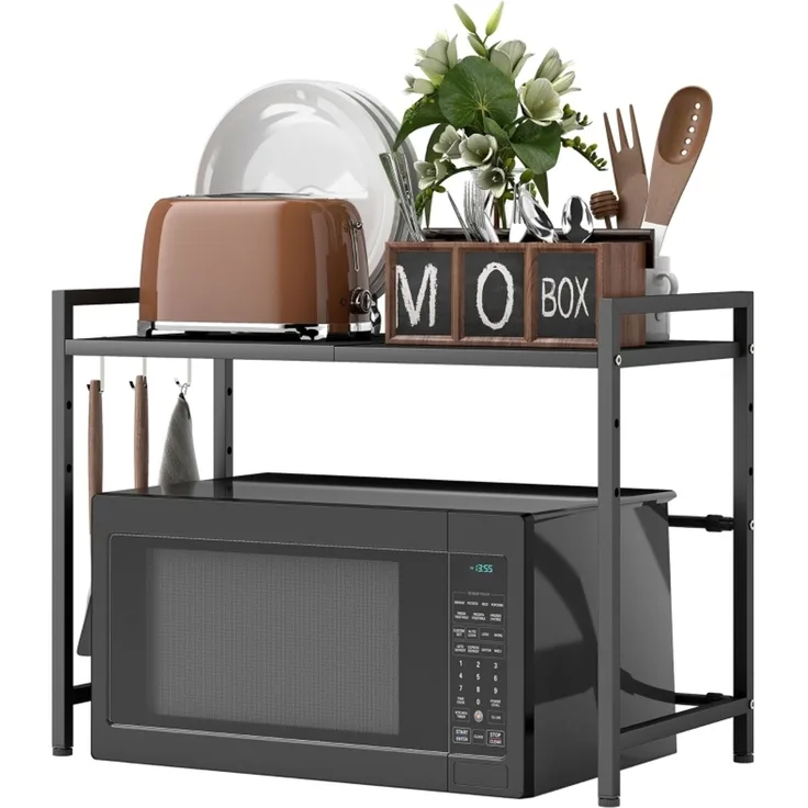 Erweiterbares Mikrowellenregal Mikrowellenständer mit 3 Haken Küchenregal Mikrowellenhalter aus Metall, Schwarz--Schwarz--64x32x47.5cm--YOUDENOVA