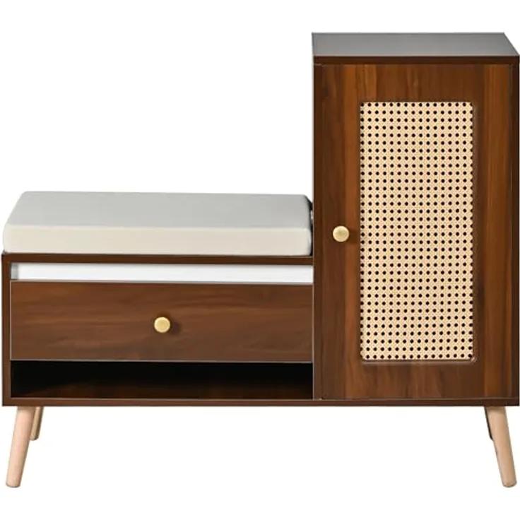 Schuhschrank Rattan Garderobenbank mit Sitzpolster, Walnussfarbe | Multifunktional, Schubladen & offene Fächer, Schranktür, 95,5×35×80cm
