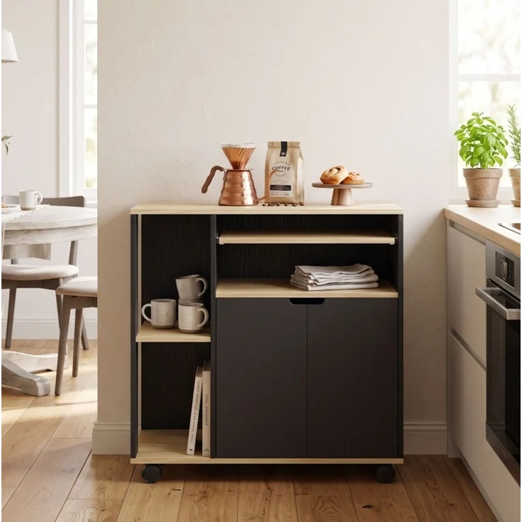 Küchenwagen 80x40x82 cm mit Arbeitsplatte, Schrank und Rollen – Schwarz – Bild 2
