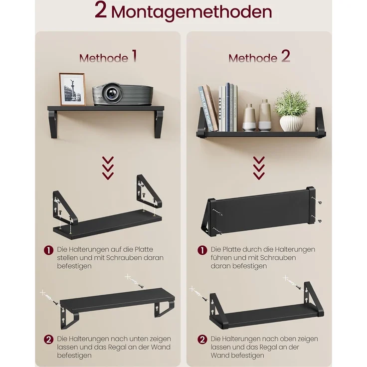 VASAGLE Wandregal, Schweberegal, 3er Set, Regalbrett, 2 Montagemöglichkeiten, Regal zur Präsentation, für Wohnzimmer, Küche, Arbeitszimmer, Badezimmer, tintenschwarz-Mattschwarz LWS033B10 – Bild 7