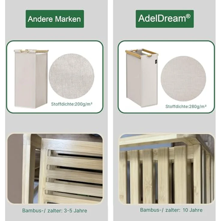 AdelDream Wäschekorb Wäschekörbe mit Bambusrahmen, 150 l, 3 Fächer – Bild 6