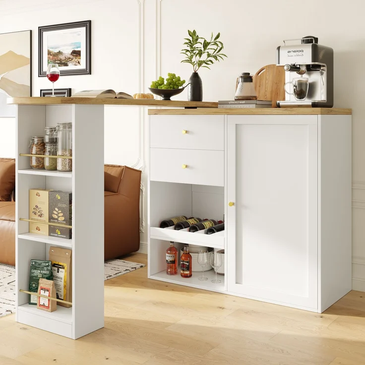 Drehbarer Bartisch (Hauptkörper 105 x 39 x 102 cm), mit 2 Schubladen und Schiebetürschrank, 3 Ebenen offener Stauraum, geeignet für Esszimmer/Arbeitszimmer/Wohnzimmer usw – Bild 5