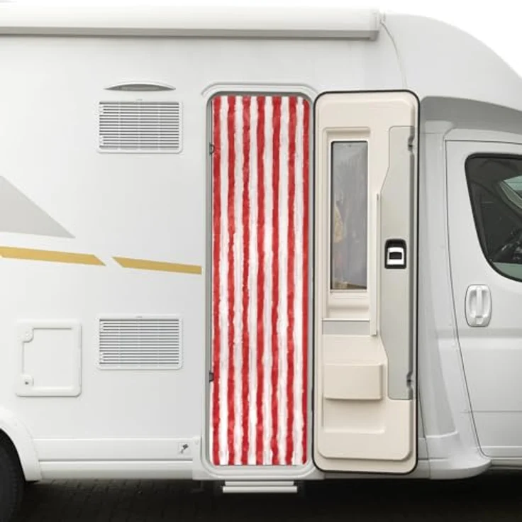 Moritz Flauschvorhang aus Chenille 56 x 185 cm rot weiß Türvorhang als Fliegenschutz Insektenschutz für Camping Wohnwagen – Bild 1