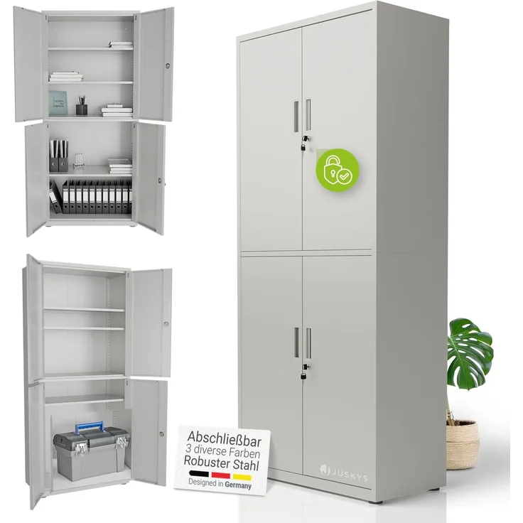 Juskys Aktenschrank aus Metall – 180x80x40 cm abschließbarer Büroschrank aus Stahl mit 3 verstellbaren Einlegeböden, höhenverstellbare Füße - Hellgrau