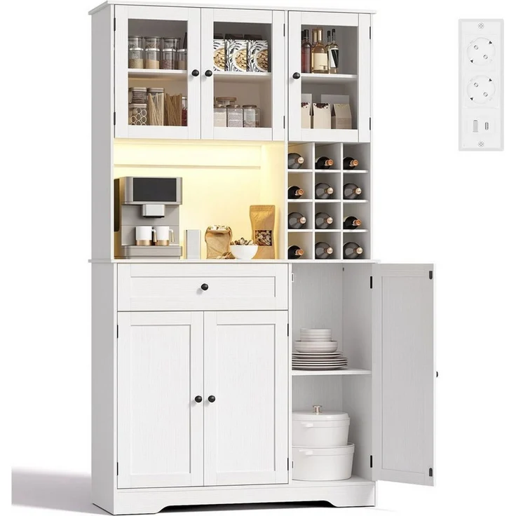 Blishom Küchenbuffet Küchenbuffet mit LED-Beleuchtung, Steckdosenfeld und Weinregal Verstellbare Einlegeböden, abnehmbares Weinregal und magnetische Türen – Bild 4