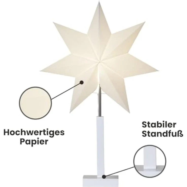 EGLO Tischlampe mit Weihnachtsstern, Dekostern beleuchtet aus Papier mit Holz-Sockel, 3D Fenster-Leuchtstern stehend in weiß mit Kabel, Tischleuchte Weihnachten, E14 Fassung, 70 cm – Bild 4