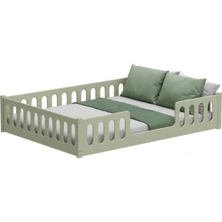 CADANI Monte 140x200 Grün Bodenbett - Rausfallschutz abnehmbar, bis 200 kg | Montessori Kinderbett, robuster Roll-Lattenrost, abgerundete Kanten, hochwertige Fertigung in der EU für langlebige Qualität – Bild 1