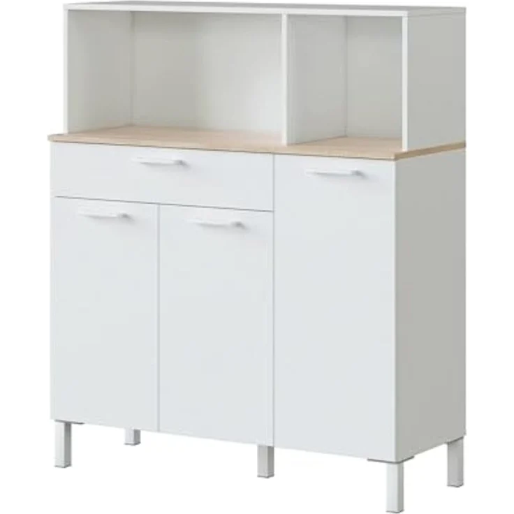 Dmora - Kommode Norfolk, zusätzlicher Küchenschrank, Sideboard mit 3 Türen und 1 Schublade mit Regalen, offener Kleiderschrank, 108 x 40 x 126 cm, Weiß und Eiche – Bild 4