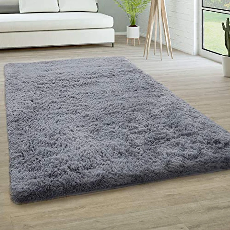 Paco Home Hochflor Teppich Wohnzimmer rutschfest Fellteppich Shaggy Flauschig Weich Modern Kunstfell Fell Imitat Einfarbig, Grösse:200 cm Rund, Farbe:Grau – Bild 2