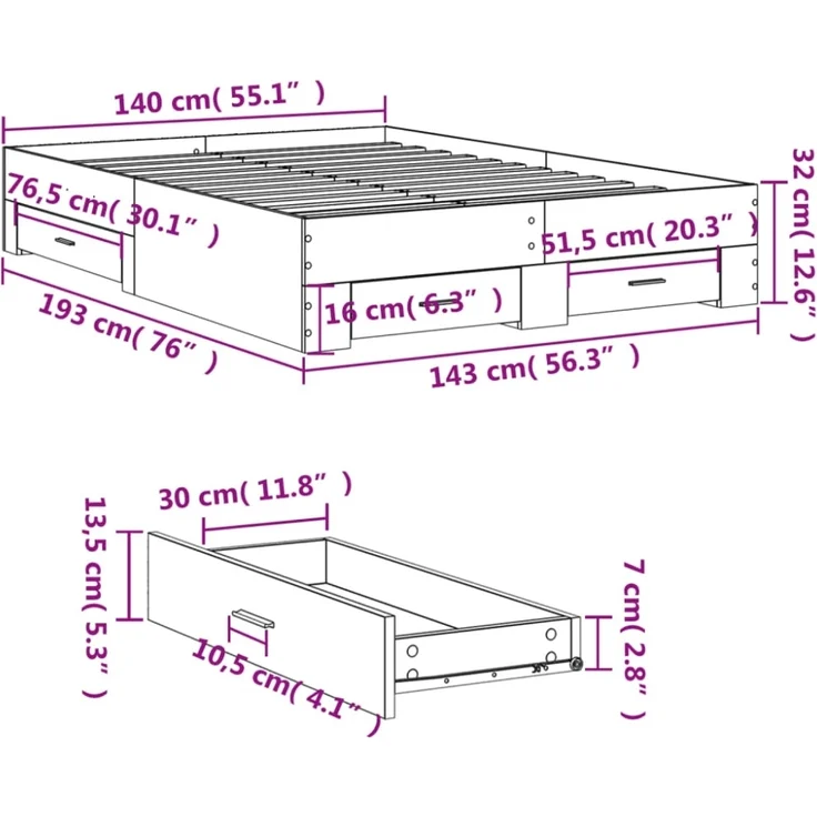 vidaXL Bettgestell mit Schubladen Schwarz 140x190 cm Holzwerkstoff 3280399 – Bild 2