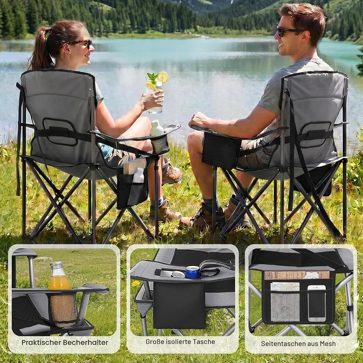 Campingstuhl, 220 KG Campingstuhl Faltbar mit Kühltasche, Getränkehalter, Tragetasch, Hochlehner Bequem Gepolste, Anglersessel Klappstuhl Garten Balkon Strand, Schwarz und Grau – Bild 7