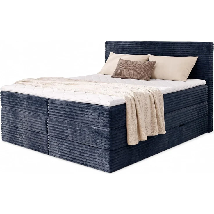 Boxspringbett Mollo XL mit 2 Bettkästen und Topper, mit Taschenfederkern- und Bonellfederkernmatratze, Doppelbett, Polsterbett aus Cordstoff mit Stauraum (Blau (Tilia 77), 140 x 200 cm) – Bild 1