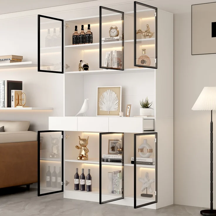 Glasschrank Tür 200cm hoch Weißer Vitrinenschrank mit LED Lichtern, Multi Storage Bücherregal für Sammlung Schlafzimmer Wohnzimmer Büro, Weiß - Schwarzer Türrahmen--Weiß--120x36x200cm--YOUDENOVA – Bild 2