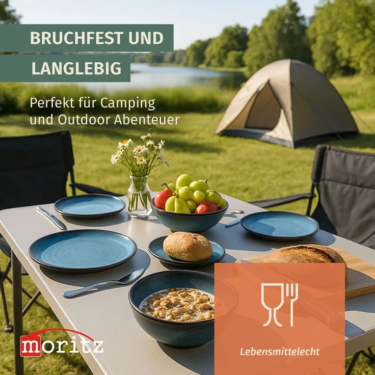 Moritz Camping Tafelgeschirr aus Melamin für 4 Personen 12-teilig | spülmaschinenfest | Picknick Geschirrset | Geschirr Campinggeschirr I Stone Blue Design – Bild 3