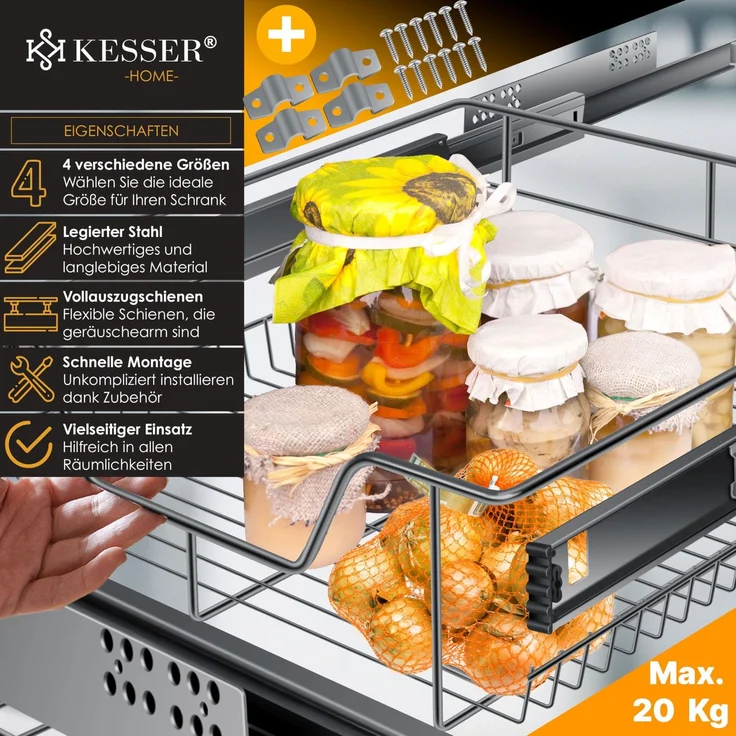 KESSER® Teleskopschublade 30-60cm Schrankbreite verchromt aus Edelstahl Schubladeneinsatz für Küchenschrank Korbauszug Schrankauszug 1x 60cm - Anthrazit – Bild 2