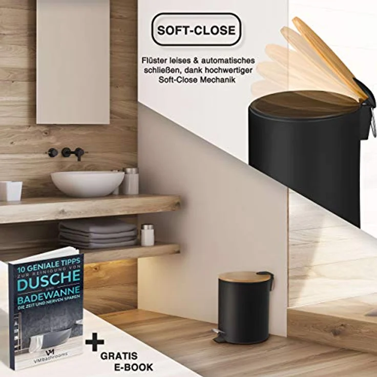 VMbathrooms 5L Kosmetikeimer in edlem schwarzem Design | Tretmülleimer mit Absenkautomatik (Soft Close) | Eleganter Eimer fürs Bad mit Innenbehälter und Bambus-Holzdeckel – Bild 8
