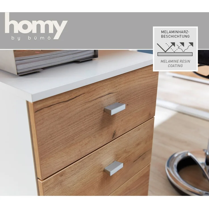 bümö Homy Rollcontainer mit Schubladen, Container aus Holz in Weiß-Eiche - Rollwagen für's Büro als Schreibtisch Unterschrank, Bürocontainer od. Schreibtischcontainer, HYRC-513 – Bild 3