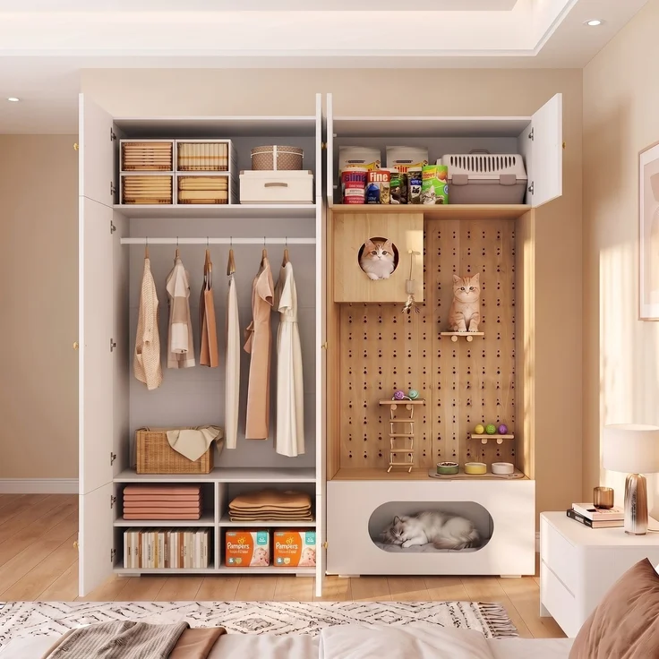 Wohnora-Kleiderschrank, Garderoben-Set Garderobe, Haustierschrank, 180 x 50 x 200 cm, mit 1 Kleiderstange, Katzenkletterwand und Haustierkissen, für Schlafzimmer, Wohnzimmer und Flur, Weiß+Holzoptik,H 200cm x T 180cm x B 50cm – Bild 3