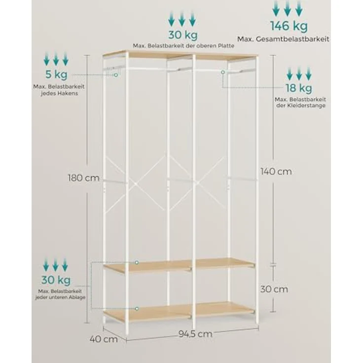 SONGMICS Kleiderschrank offen, Kleiderständer, Garderobenständer, Garderobe mit Kleiderstange, Ablagen, abnehmbare Haken, 40 x 94,5 x 180 cm, naturbeige RGR004W67 – Bild 7