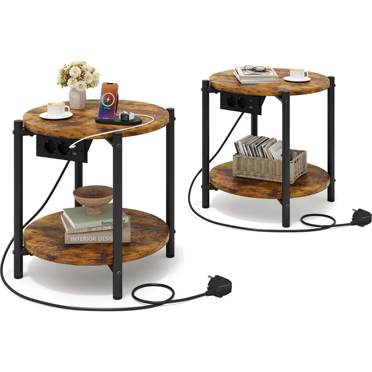 IRONCK Beistelltisch rund, Couchtisch mit Steckdose, Kleiner Tisch Holz, Wohnzimmertisch 2 Ablagen,Sofatisch,USB & Type-C-Anschluss, Metallrahmen, Nachttisch für Schlafzimmer (Vintagebraun, 2 Stücke) – Bild 1