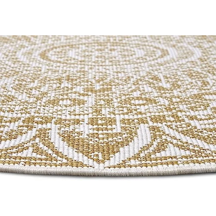 Freundin Home Collection Lilja In- & Outdoor Wendeteppich - Rund, Flachgewebe, Boho-Design, ÖKO-TEX, Wetterfest & UV-beständig für Balkon, Terrasse, Garten - Ocker, ø 100cm – Bild 7