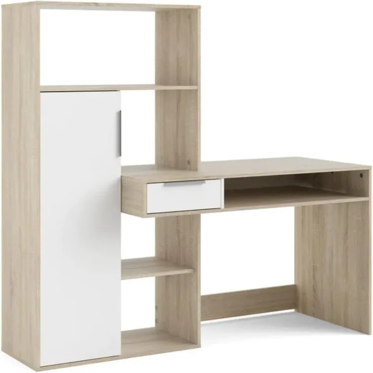 Multifunktionsschreibtisch mit Bücherregal, Schublade und Tür, Farbe Weiß und Eiche, 162 x 155 x 60 cm