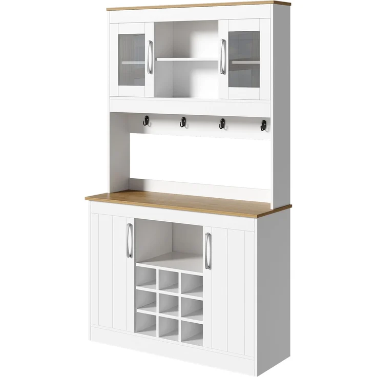 Merax 175cm Küchenbuffet Buffetschrank mit Aufsatz, Küchenschrank mit Glastüren, Weinregal und Hakenleiste, großer Geschirrschrank Vorratsschrank Küchenschrank, Weiß + Holzfarbe – Bild 8