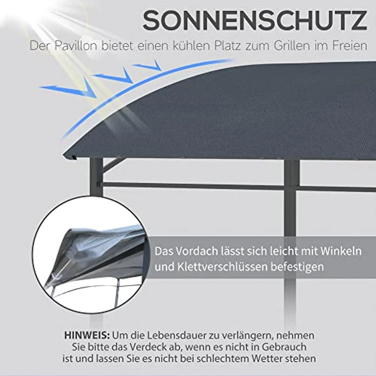 Outsunny Grillpavillon 215 x 150 x 220 cm, Wasserabweisend mit Gebogendach und 10 Haken, Gartenlauben für BBQ und Gartenpartys, Grau – Bild 3