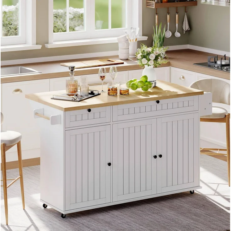 Küchenwagen 137×70×89,5 cm MDF klappbar Arbeitsfläche Schubladen Rollen Stauraum Küche Esszimmer,Weiß & Natur – Bild 3