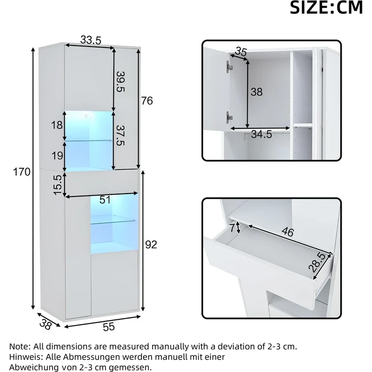 Merax 170cm Verkaufsvitrine, Hochschrank mit 1 Schublade und 4 Schränken, Glasvitrine Vitrinenschränke mit led beleuchtung, Vitrinen Mit Hochglanz-Design, Weiß – Bild 4