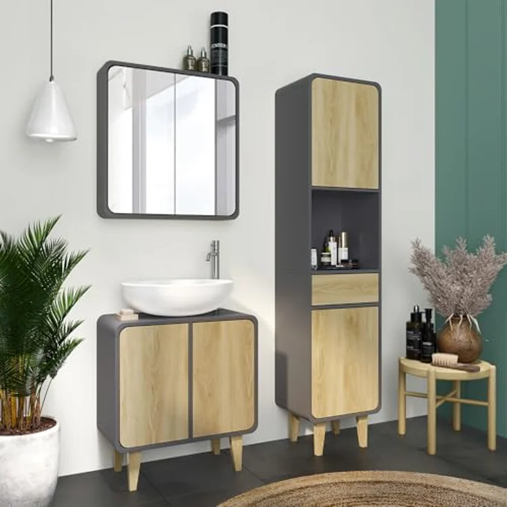 Vichy Badmöbel-Set Arla, 3-teilig, Anthrazit/Eiche mit Hochschrank und integriertem Spiegelschrank mit Beleuchtung – Bild 3