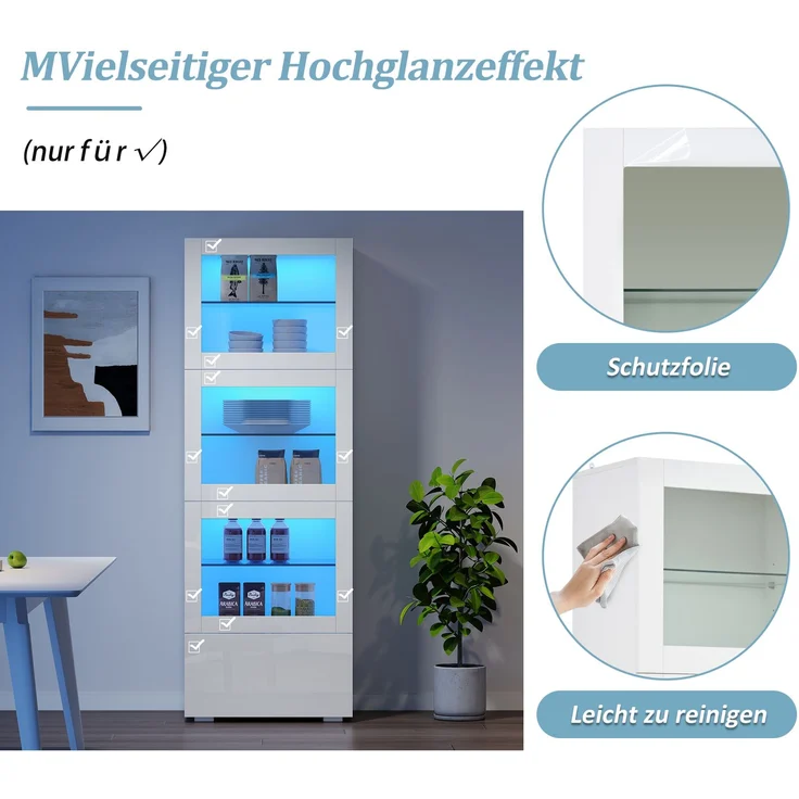 60*40*173cm Schrank,Vitrine ausSchranktür aus Acryl, Vitrine Hochglanz Lagerschrank mit LED-Beleuchtung, 3 Glasboden, Highboard, Wohnzimmerschrank, Aufbewahrungsschrank, Hochschrank, Sofaschrank,Weiß--Weiß--60x40x173cm--YOUDENOVA – Bild 4