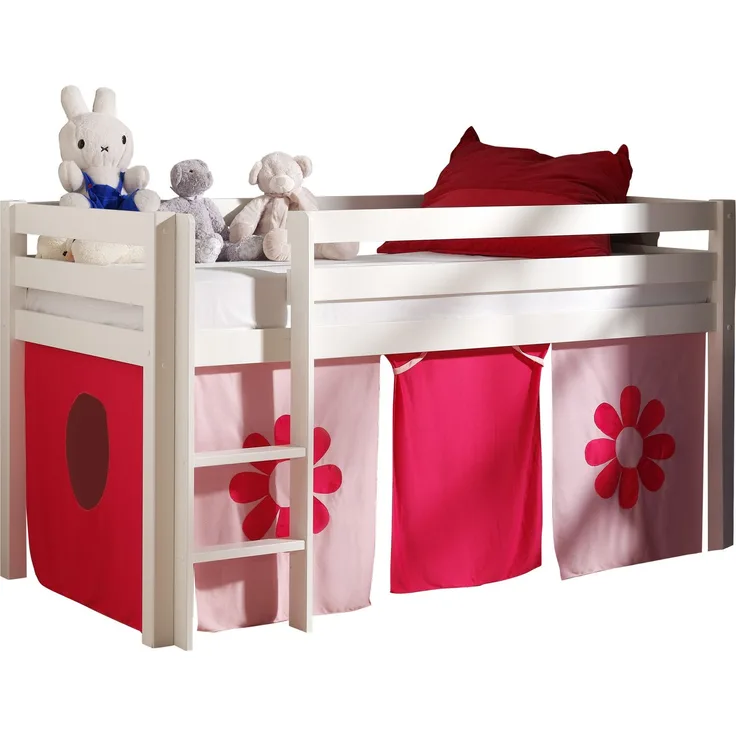 Spielbett Pino mit Textilset "Pink Flower", Kiefer massiv weiss