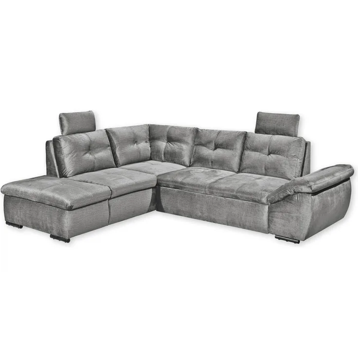 Stella Trading ALIJA Ecksofa mit Schlaffunktion in Grau - Moderne Eckcouch mit Bettkasten und verstellbaren Armlehnen - 265x84 (107) x 217 cm (B/H/T)