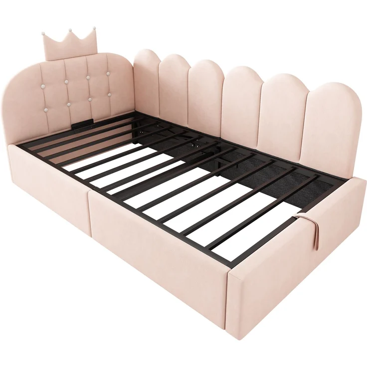 Merax Einzelbett 90x190 cm, Kinderbett, Polsterbett, Daybett, Tagesbett-Schlafsofa mit Stauraum (hydraulisch), Gästebett L-Form Samt, Rosa – Bild 8