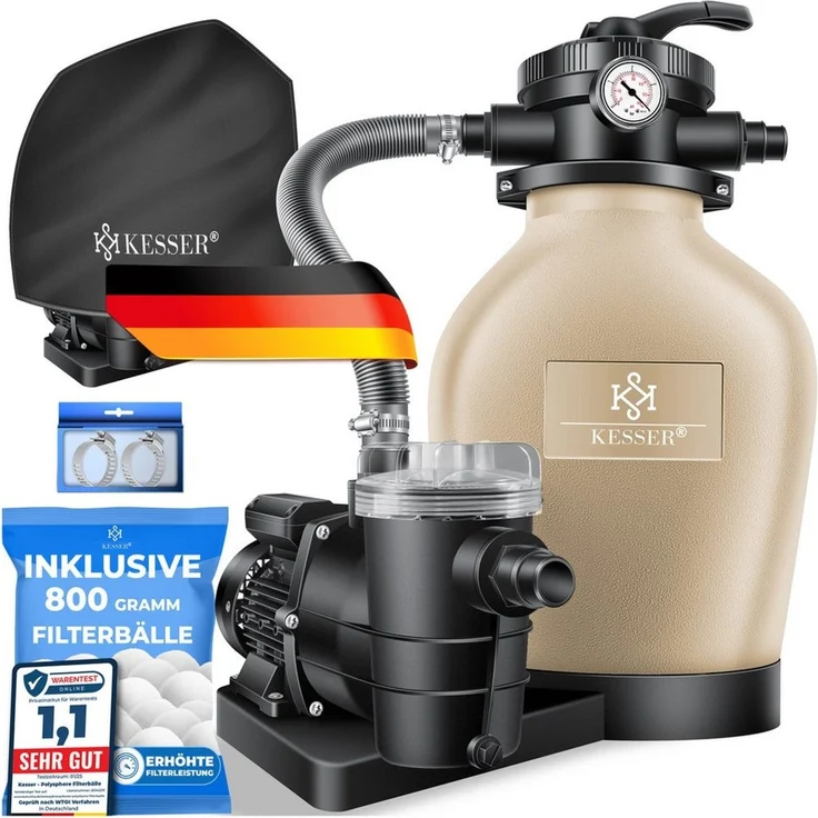KESSER® Sandfilteranlage Sandfilter + 800g Filterbälle ersetzen 25kg Filtersand 7-Wege Ventil mit Druckanzeige Poolfilter 10 m³/h Filteranlage Filterkessel für Pool Schwimmbecken 10.200 L/h Gold / Sand – Bild 1