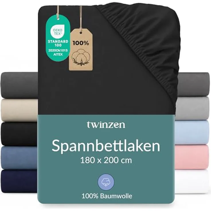 Twinzen Spannbettlaken 180x200cm, 100% Jersey Baumwolle, schwarz, Oeko-Tex zertifiziert, pflegeleicht und bügelfrei