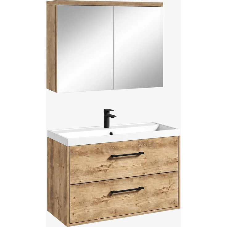 Badplaats Badmöbel Florence 80 x 40 cm - Kastanieneiche - mit Waschbecken und Spiegelschrank – Bild 1