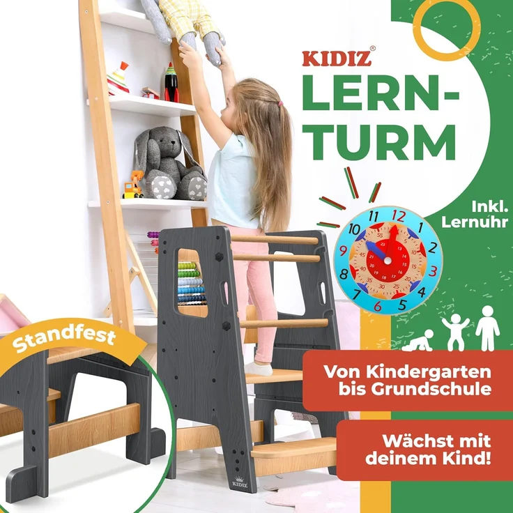 KIDIZ® Lernturm für Kinder ab 1 Jahr inkl. Lernuhr | 3-stufig Höhenverstellbarer Tritthocker aus Kiefernholz | spielerisch motorische Fähigkeiten fördern Montessori Learning Tower bis 50 kg belastbar Anthrazit / Hellbraun – Bild 2