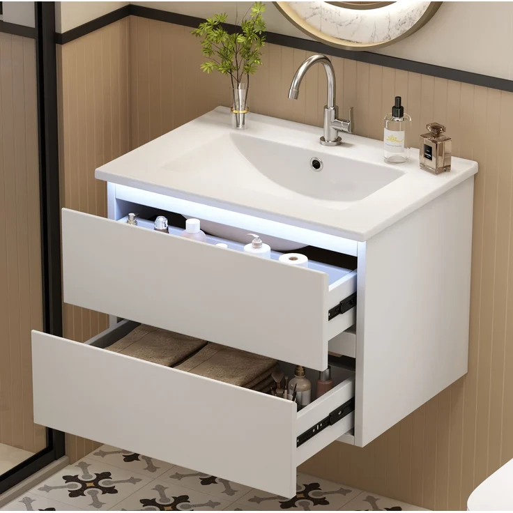 Waschtisch 61 x 46 x 45 cm mit Keramikbecken, 2 Schubladen und LED-Sensorlicht – wandhängend, Weiß – Bild 2