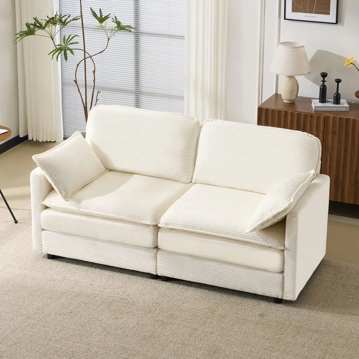 2-Sitzer Sofa mit Holzrahmen und Kordstoffbezug mit stabilen Holzfüßen, weichem atmungsaktivem Cord-Stoff,Weiß