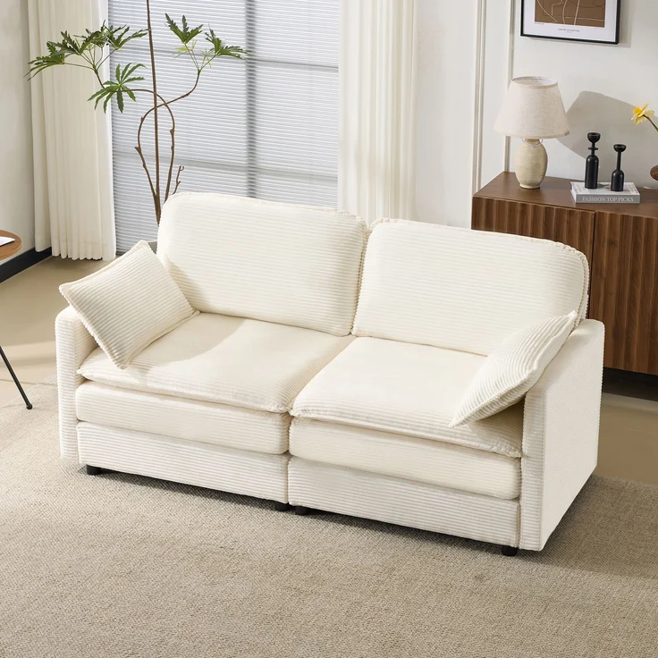2-Sitzer Sofa mit Holzrahmen und Kordstoffbezug mit stabilen Holzfüßen, weichem atmungsaktivem Cord-Stoff,Weiß – Bild 1