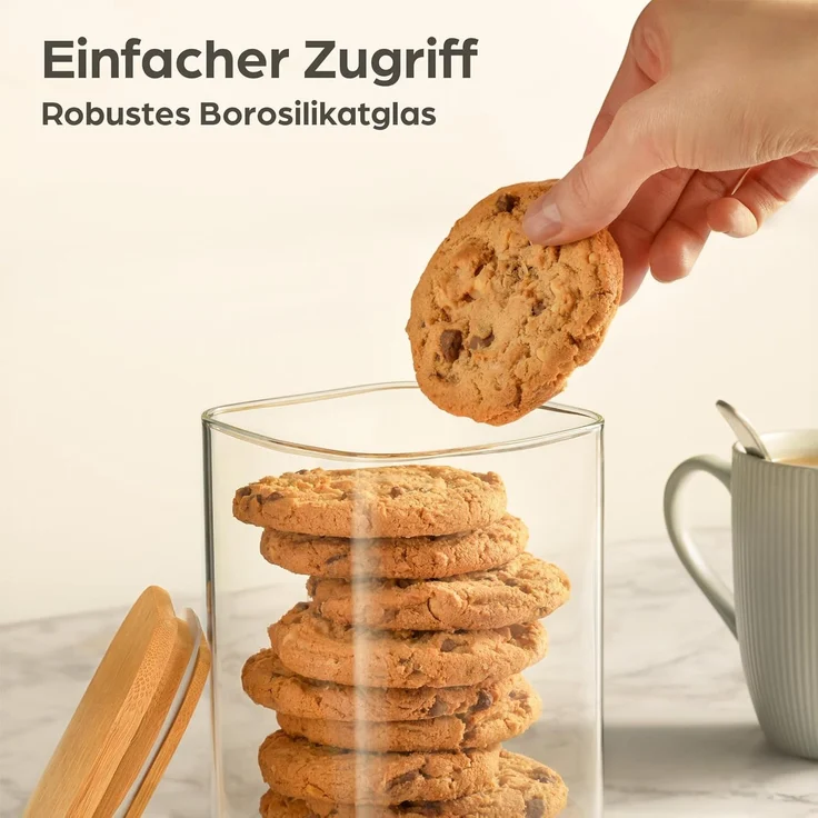 Praknu Vorratsglas Vorratsdosen mit Deckel luftdicht Glas - 3er Set Vorratsgläser eckig, Borosilikatglas, (Set, 3-tlg), Aufbewahrung Küche Lebensmittel aus Glas rechteckig mit Bambusdeckel – Bild 5