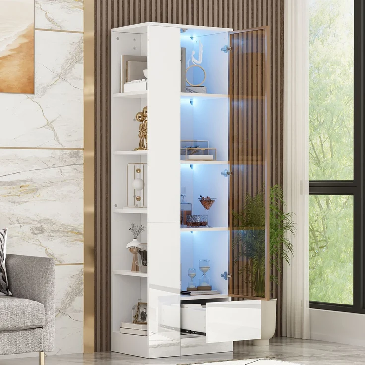 Vitrine 50x35x160 cm in Weiß, Hochglanz mit Glastür, LED und Schublade – Bild 2