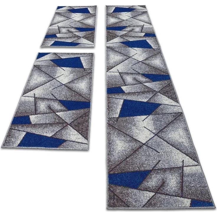 oKu-Tex Bettumrandung 3 teilig, Läufer (67 x 340 cm) + Brücken (2 x 67 x 140 cm), Kurzflor, (Set 3 teilig, 3-tlg), Teppich Schlafzimmer Bettvorleger Set schmal gewebt blau meliert – Bild 3