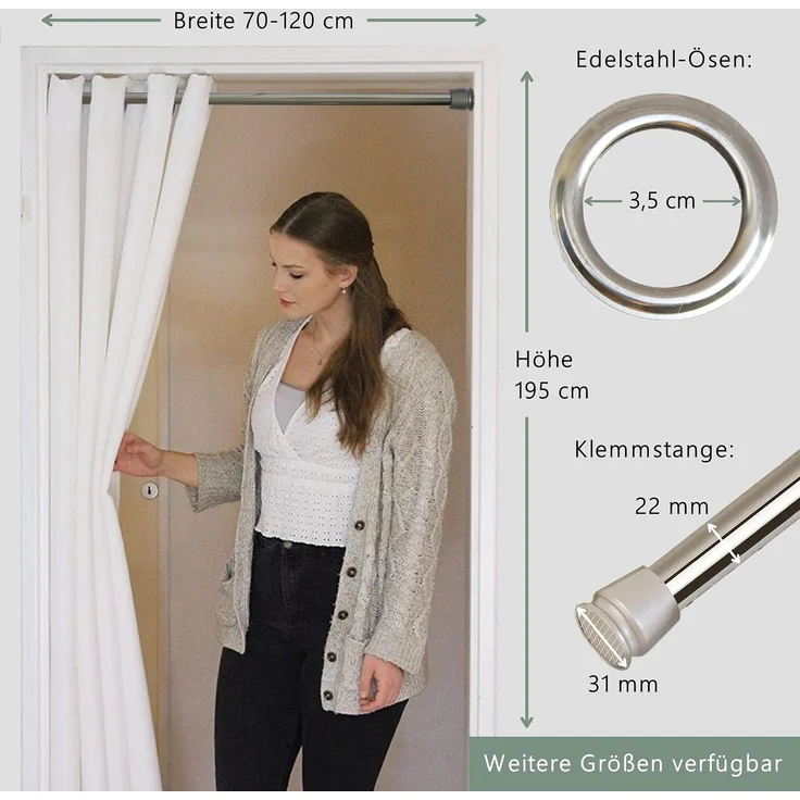 tinycurtains Türvorhang mit Stange silber 70-120 cm Thermo Vorhang ohne Bohren, blickdicht, Ösen, abdunkelnd, Polyester, weiß Purity, Türgardine mit Klemmstange Raumtrenner verdunkelnd – Bild 8