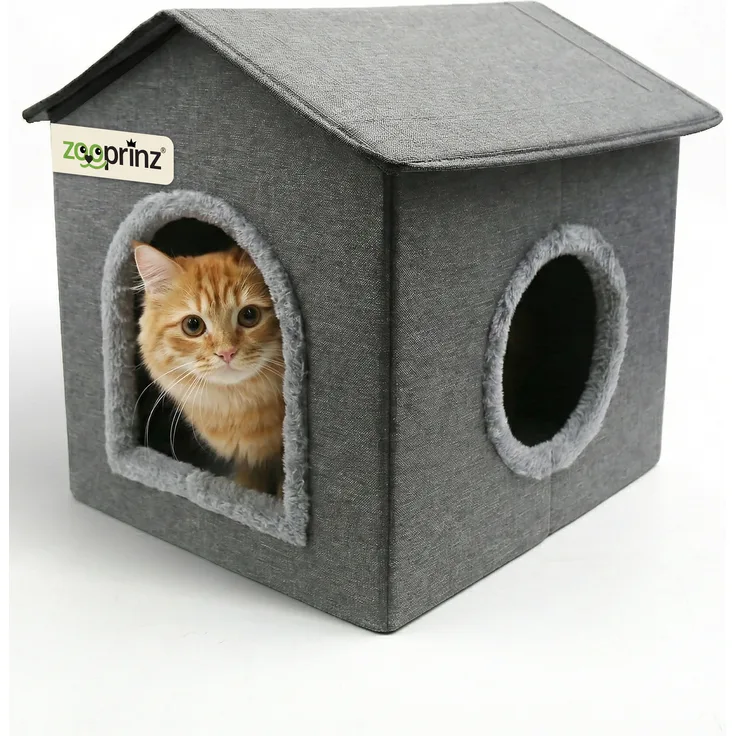 zooprinz Katzenhaus Rocky, gemütliches Indoor-Katzenhaus in klassischer Hausform mit stabilem Dach und Wende-Kissen, grau