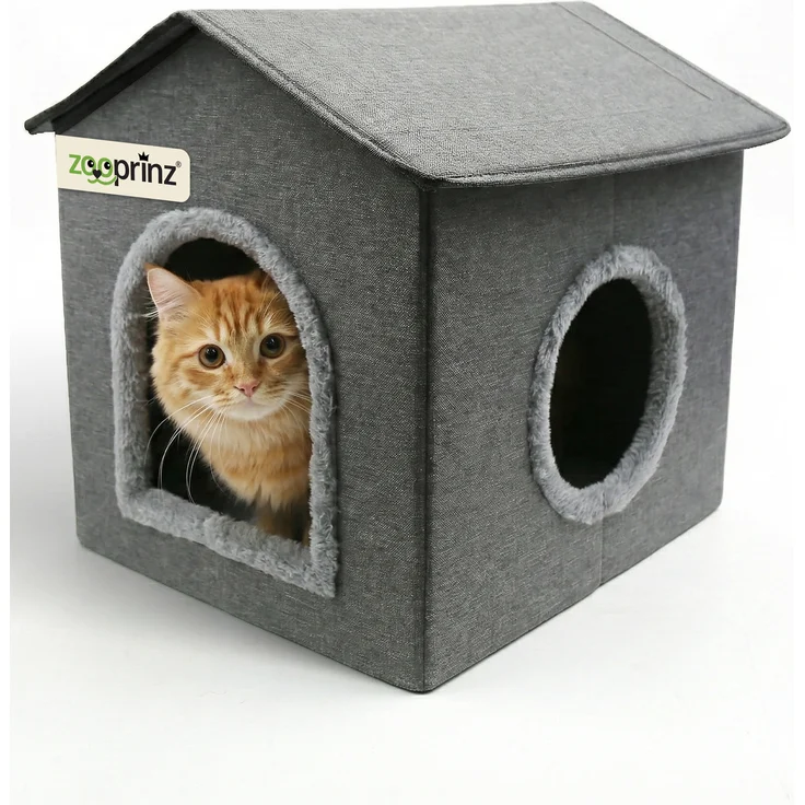 zooprinz Katzenhaus Rocky, gemütliches Indoor-Katzenhaus in klassischer Hausform mit stabilem Dach und Wende-Kissen, grau