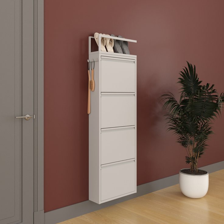 Schuhkipper mit Zubehör, Grau, 4 Klappen 52x15x151 cm, Pantoffelregal, Hakenleiste – Bild 3